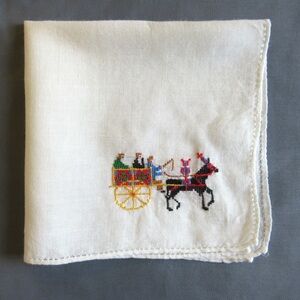 Vintage Handkerchief 8in Square White Cotton Embroidered Sicilian Horse Cart